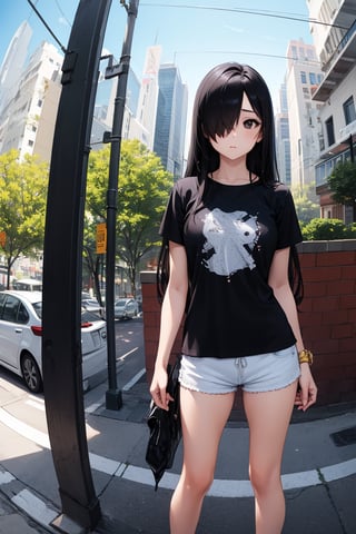 (masterpiece), best quality, highly detailed, 1girl, mature female, black hair, long hair, straight hair, hair over one eye, black eyes, shirt, short sleeve, shorts, sneakers, standing, outside, [fisheye lens:: 1]