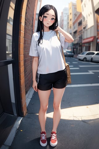 (masterpiece), best quality, highly detailed, 1girl, mature female, black hair, long hair, straight hair, forehead, black eyes, shirt, short sleeve, shorts, sneakers, standing, outside, [fisheye lens:: 0]