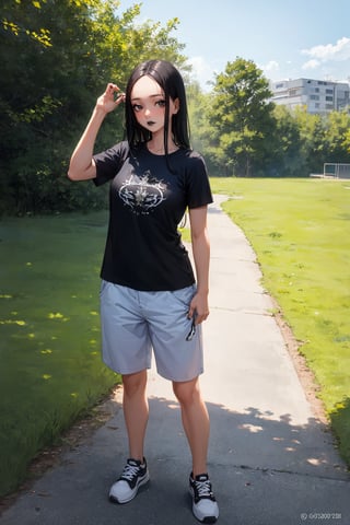 (masterpiece), best quality, highly detailed, 1girl, mature female, black hair, long hair, straight hair, forehead, black eyes, shirt, short sleeve, pants, sneakers, standing, outdoor, grass, [fisheye lens:: 1]