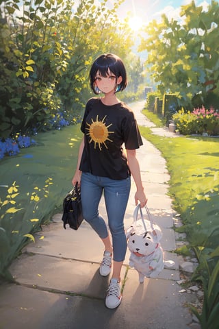 (masterpiece), best quality, 1girl, solo, black hair, short hair, brown eyes, BREAK shirt, short sleeve, BREAK skinny pants, sneakers, standing, outdoor, grass, trees, sun, [from above:: 3], [fisheye lens:: 3]