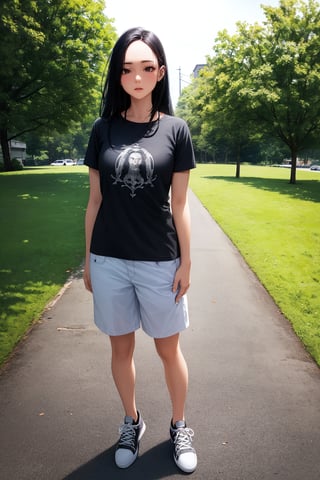 (masterpiece), best quality, highly detailed, 1girl, mature female, black hair, long hair, straight hair, forehead, black eyes, shirt, short sleeve, trousers, sneakers, standing, outdoor, grass, [fisheye lens:: 3], Gothic art 