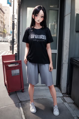 (masterpiece), best quality, highly detailed, 1girl, mature female, black hair, long hair, straight hair, forehead, black eyes, shirt, short sleeve, long pants, sneakers, standing, outside, [fisheye lens:: 5]