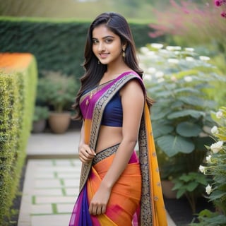 A beautiful, 18-year-old Indian teenage full body girl, walking in the garden, surrounded by a warm and cozy atmosphere. Her long black hair cascades down her back, with hints of colorful highlights framing her stunning features. She's dressed in a vibrant colorful saree, that complements her bright smile, flower in her hand. The camera captures her from a far shot, showcasing the soft folds of her dress and the gentle curve of her shoulders. Her dashing hairstyle adds a touch of elegance to her overall radiant appearance., Indian beauty