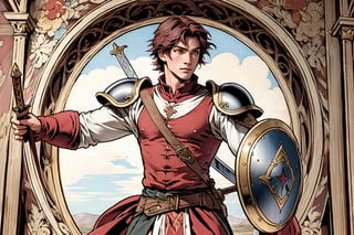 Strong, human man with short dark red hair in plate armor, with a sword, and a shield,renaissance,MUGODDESS