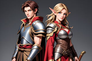 Full shot. Show a young, cute, blonde, blue-eyed, light elf archer woman in leather armor and a red-dark-haired, tall, strong, handsome human male warrior. Both in the style of the game Lineage II