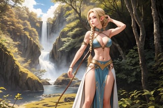 Show a full-body shot of a young, cute elf woman, with blonde hair and light-blue eyes, in an enchanted forest with a distant high waterfall in the background. She has a toned body type, agile and elegant. She has medium-long hair with a braid parting from each side of her head and joining in the back, and her fringe to one side. She is an archer and wears a leather armor. Her body is facing the viewer.,MUGODDESS