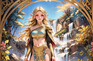 A warm golden glow illuminates the enchanted forest, casting a gentle ambiance on the cute, young blonde-haired elf woman. She is standing, her light sky-blue eyes scanning the surroundings with quiet determination. She has long free hair and the fringe falls to the right side of her face. She wears a light-weight leather armor, adorned with intricate details and filigree decorations that reflect her high social status. Her body is slightly musculated, and she poses in contrapposto. Far in the background, we might see a high waterfall. Long shot,renaissance,MUGODDESS