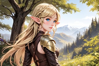 Show a young, cute elf woman, with blonde hair and blue eyes, alone in an enchanted forest. She has a regular body type, slightly fit but agile and elegant. She has medium-long hair with a braid parting from each side of her head and joining in the back, and her bangs to the side. She is an archer and wears a leather armor. American plane,MUGODDESS