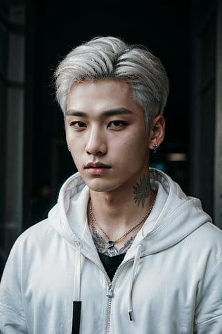 photo realistic,solo Korean boy,looking at viewer, jewelry, cowboy shot,, Desaturated tones,Low Key Lighting,Moody Lighting,focus, hood, necklace, hoodie, tattoo, neck tattoo,piercing, , lip piercing, ,male,Illuminate half of the model’s face, creating dramatic chiaroscuro effects,(permhair1.0),center part,( white hair:1.0),(Looking Away:1.0), Underexpose Lighting,Handsome Man,Realistic Photo,masterpiece, Illuminate half of the model’s face, dusty Colors,photorealistic,kpop,