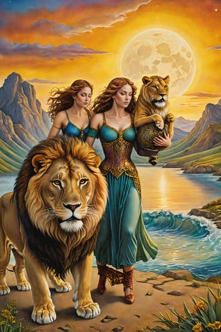 Strength card of tarot: A calm woman taming a lion, symbolizing courage, patience and self-control. artfrahm,visionary art style