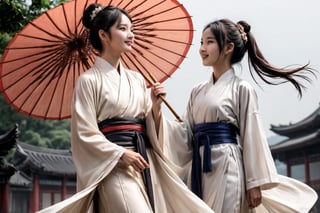 1girl and 1boy, A young girl with sleek black hair and a bright smile gazes out at the scene, her traditional white Chinese robes flowing behind her. By her side stands a boy with striking black eyes, his features radiating innocence. Behind her traditional bun, there is a silky woven fabric dangling blown by the wind. the woman hold an oil-paper umbrella elegantly, its intricately painted design a testament to their whimsical nature. Hands entwined in opposite sleeves, they share a playful moment beneath the cloudy sky.,miko