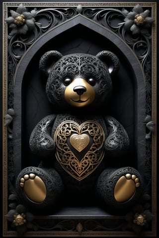 hyper detailed complex 3d render of ultra realistic {teddy bear} on gothic {black stone} panel, hyper detailed rough texture, visible seams, arabic typography engraved, fine foliage engraved, intricate filigree details, mandelbrot fractals background, volumetric light, hr giger style, by donatello, 64K