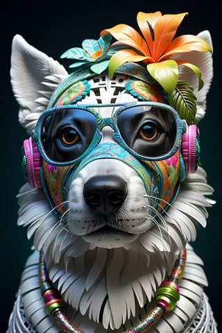 hyper-detailed ultra-complex 3d render of {dog plush doll head}, funky glasses, head covered with tropical flowers, fabric ribbons, cybernetic ornaments, hyper detailed rough texture, visible seams, intricate filigree details, hyper-detailed dendritic fractals, cable wires, low key lighting, tropical palette colors, hr giger style