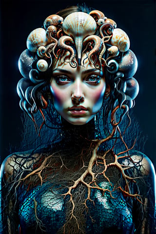 hyper detailed surrealistic color photo of beautiful {indonesian young woman}, head fully covered with ancient seashells, squids, ancient roots, batik, steampunk ornaments, fine foliage engraved, hyper detailed rough texture, sinuous roots, hyper detailed dendritic fractals, cybernetic wires, anatomical, rim light, back light, volumetric, 64K, hr giger style, by donatello