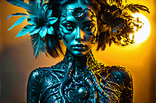 hyper detailed surrealistic color photo of beautiful {indonesian young woman}, head fully covered with feathers, flowers, leafs, batik, cybernetic ornaments, fine foliage engraved, hyper detailed rough texture, sinuous roots, hyper detailed dendritic fractals, cybernetic wires, anatomical, rim light, back light, volumetric, 64K, hr giger style, by donatello,MagMix Girl