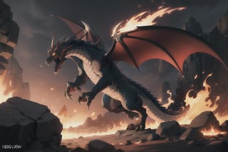 Create an intense and realistic scene where a powerful dragon releases a torrent of fire from its mouth. The dragon should be depicted with intricate scales and glowing eyes, perched on a rocky cliff overlooking a vast, dark landscape. As the dragon breathes fire, the flames should illuminate the surroundings, showcasing the raw power and ferocity of the creature. Include detailed textures of the dragon’s scales, the vibrant and dynamic motion of the fire, and the dramatic lighting effects as the flames cast shadows across the rocky terrain.,photorealistic