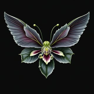a hellebore flower whit wing majestic with clasic ornament Mechanical lines Elegance T-shirt design, BLACK BACKGROUND