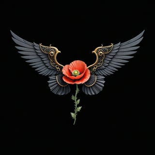 a poppy flower whit wing majestic with clasic ornament Mechanical lines Elegance T-shirt design, BLACK BACKGROUND