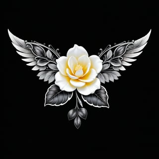 a gardenia flower whit wing majestic with clasic ornament Mechanical lines Elegance T-shirt design, BLACK BACKGROUND