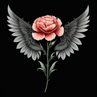 a carnation flower whit wing majestic with clasic ornament Mechanical lines Elegance T-shirt design, BLACK BACKGROUND