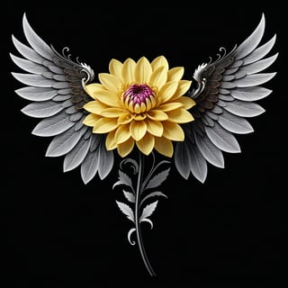a dhalia  flower whit wing majestic with clasic ornament Mechanical lines Elegance T-shirt design, BLACK BACKGROUND