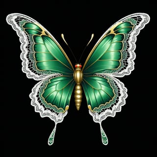 a butterfly iridicent green whit lace bow elegant, clasic ornament Mechanical lines Elegance T-shirt design, BLACK BACKGROUND