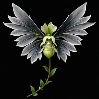 a hellebore flower whit wing majestic with clasic ornament Mechanical lines Elegance T-shirt design, BLACK BACKGROUND