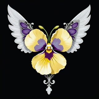a pansy flower whit wing majestic with clasic ornament Mechanical lines Elegance T-shirt design, BLACK BACKGROUND