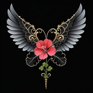 a geranium flower whit wing majestic with clasic ornament Mechanical lines Elegance T-shirt design, BLACK BACKGROUND