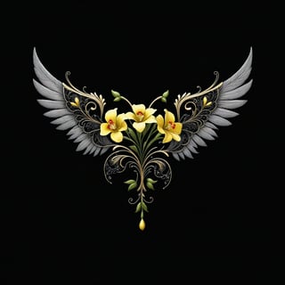 a wallflower flower whit wing majestic with clasic ornament Mechanical lines Elegance T-shirt design, BLACK BACKGROUND