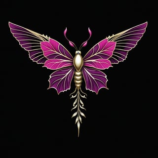 a bougainvillea flower whit wing majestic with clasic ornament Mechanical lines Elegance T-shirt design, BLACK BACKGROUND
