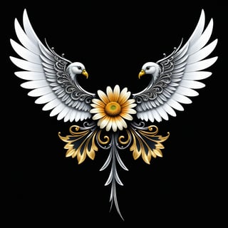 a Daisy whit wing majestic with clasic ornament Mechanical lines Elegance T-shirt design, BLACK BACKGROUND