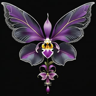 a Orchid flower whit wing majestic with clasic ornament Mechanical lines Elegance T-shirt design, BLACK BACKGROUND