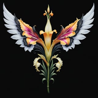 a gladiolus flower whit wing majestic with clasic ornament Mechanical lines Elegance T-shirt design, BLACK BACKGROUND