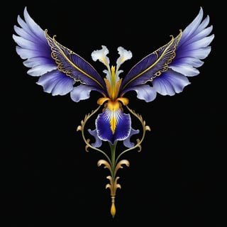 a iris flower whit wing majestic with clasic ornament Mechanical lines Elegance T-shirt design, BLACK BACKGROUND