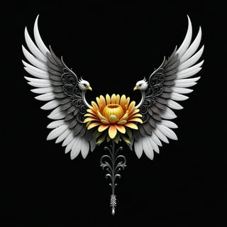 a crysanthemum flower whit wing majestic with clasic ornament Mechanical lines Elegance T-shirt design, BLACK BACKGROUND