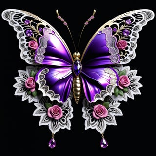 a butterfly iridicent purple whit lace bows roses elegant, with jewerlly epic decoration, clasic ornament Mechanical lines Elegance T-shirt design, BLACK BACKGROUND