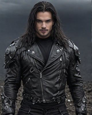 (Solo Man),  A full body shot of a young goth Man, with very long hair, a very serious, muscular body, a very strong male face, (very chiselled face), a handsome man, with one raised eyebrow, wearing a black metal cyborg suit, Black lips, dark eye makeup, dark future battlefield background, ,heavy_jacke, ,heavy_jacket, perfect fingers, perfect hand, black gloves,juggernaut, look at the viewer
