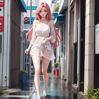 A beautiful woman with long straight pink hair down to her waist, red lips and blue eyes, wearing a white mini dress, runs down the sidewalk soaked in the pouring rain.