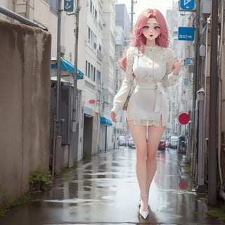 A beautiful woman with long straight pink hair down to her waist, red lips and blue eyes, wearing a white mini dress, runs down the sidewalk soaked in the pouring rain.,bzroselina