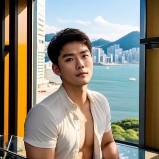 Hong Kong people, Chinese, mixed by Chinese and Japan, friendly, 30 years old, bright eyelids, handsome, gentleman, idol feel, KOL, Model body, Realistic photos, travel, travel blogger, traveling in Hong Kong The Peak