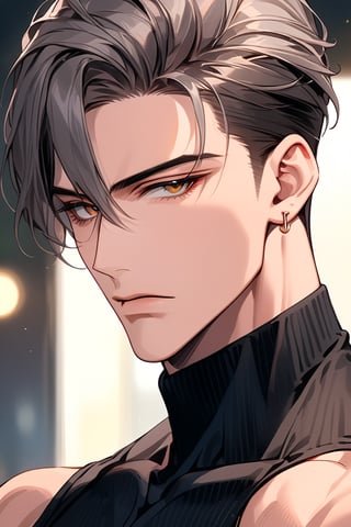 1boy, manly, 20 years old, gray hair, slick back hair, sharp eyes, amber eyes, toned_male, muscular_body, tall, cross design ear piercing, tan_body, well-defined jawline, temperamental, despondent personality,serious expression, mafia, black turtleneck shirt, head_portrait, head to shoulder photography, bokeh effect, portrait shot, close-up shot, photorealistic, beautiful, portrait, headshot, masterpiece, highest-quality, intricate details ,aesthetic portrait,better photography,watercolor \(medium\),Manhwa beautiful ,txznf,Expressiveh 
