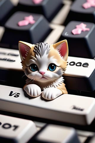 An artistic keyboard with each key featuring a 3D cute, sad kitten. In the middle of the keyboard, there's a crack with kittens popping out from it, adding a dynamic and whimsical element to the scene. --v 5 --q 2 --ar 16:9