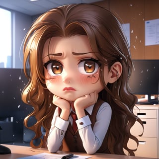 (Best Quality, 8K, Extraordinary Details, Masterpiece), (Highly Realistic, Photorealistic) A lovely young woman with mesmerizing brown eyes and long sparkling hair. A girl in a very cute working outfit, with a sad expression, crying behavior, sitting and rubbing her eyes, crying, tears falling out. And there is a confused mark. The background is an office room. In the morning chibi characters 1D