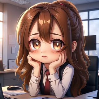 (Best Quality, 8K, Extraordinary Details, Masterpiece), (Highly Realistic, Photorealistic) A lovely young woman with mesmerizing brown eyes and long sparkling hair. A girl in a very cute working outfit, with a sad expression, crying behavior, sitting and rubbing her eyes, crying, tears falling out. And there is a confused mark. The background is an office room. In the morning chibi characters 1D