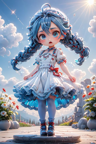 (Best Quality, 8K, Extraordinary Details, Masterpiece), (Highly Realistic, PhotorealisticMasterpiece, best qualityMasterpiece, best quality, 1 solo chibi girl, long hair, depressed, pouting, red face, tone, blue eyes, sparkling blue hair, dressed in a white dress, very long hair, mouth closed, standing, full body, braids, short sleeves, high heels, socks, hands raised, floor gray back, double braid, white dress, outdoor backdrop, flowers, sky, sunlight,disney pixar style