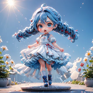 (Best Quality, 8K, Extraordinary Details, Masterpiece), (Highly Realistic, PhotorealisticMasterpiece, best qualityMasterpiece, best quality, 1 solo chibi girl, long hair, depressed, pouting, red face, tone, blue eyes, sparkling blue hair, dressed in a white dress, very long hair, mouth closed, standing, full body, braids, short sleeves, high heels, socks, hands raised, floor gray back, double braid, white dress, outdoor backdrop, flowers, sky, sunlight,disney pixar style