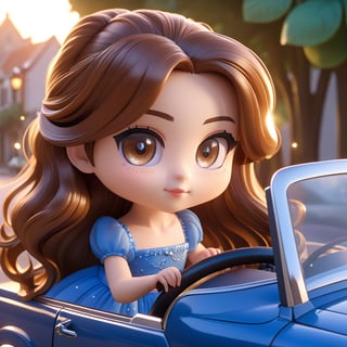 (Best Quality, 8K, Extraordinary Details, Masterpiece), (Highly Realistic, Photorealistic) A lovely young woman with mesmerizing brown eyes and long sparkling hair. A young girl in a cute blue dress has a unique driving pose, is driving and is cute. The background is Chibi characters driving in the morning.
