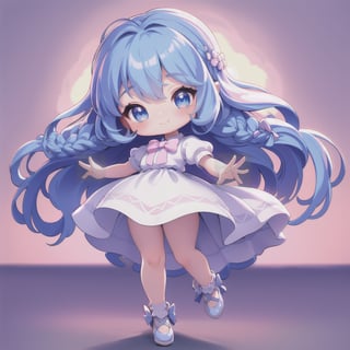 (Best Quality, 8K, Extraordinary Details, Masterpiece), (Highly Realistic, PhotorealisticMasterpiece, best quality, 1 chibi girl, solo, long hair, looking at viewer, blush, smile, bangs, blue eyes, sparkling blue hair, dress, white dress, very long hair, closed mouth, standing, full body, braid, short sleeves, high heels, socks, hands raised, floor gray back, bow tie, double braid, white dress, outdoors, flowers, sky, sunlight  