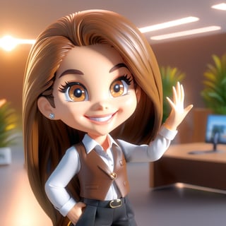 (Best Quality, 8K, Extraordinary Details, Masterpiece), (Highly Realistic, Photorealistic) A lovely young woman with mesmerizing brown eyes and long sparkling hair. A girl in a very cute working outfit, waving goodbye to running behavior and smiling in front of the office. In the morning chibi characters